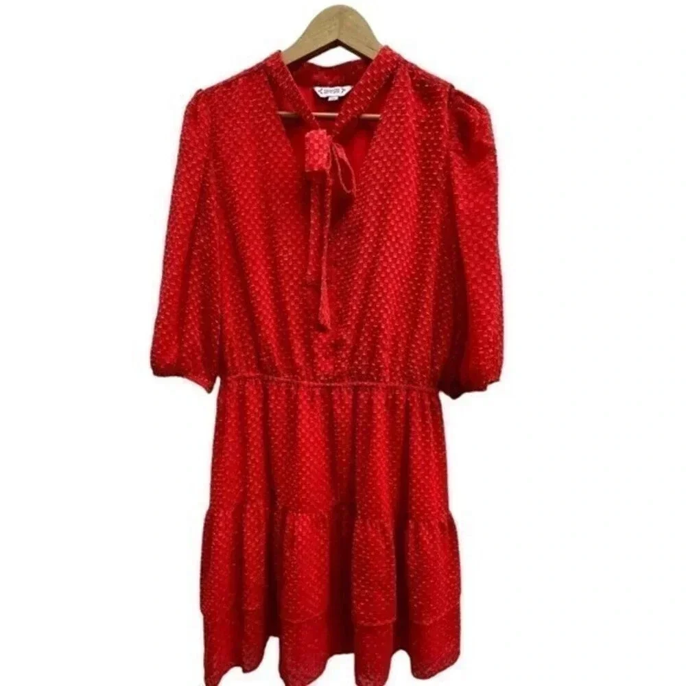 Nanette Lepore Women’s Size 14 Tie-Neck Ruffle-Hem Blouson Red Dress - Picture 1 of 10